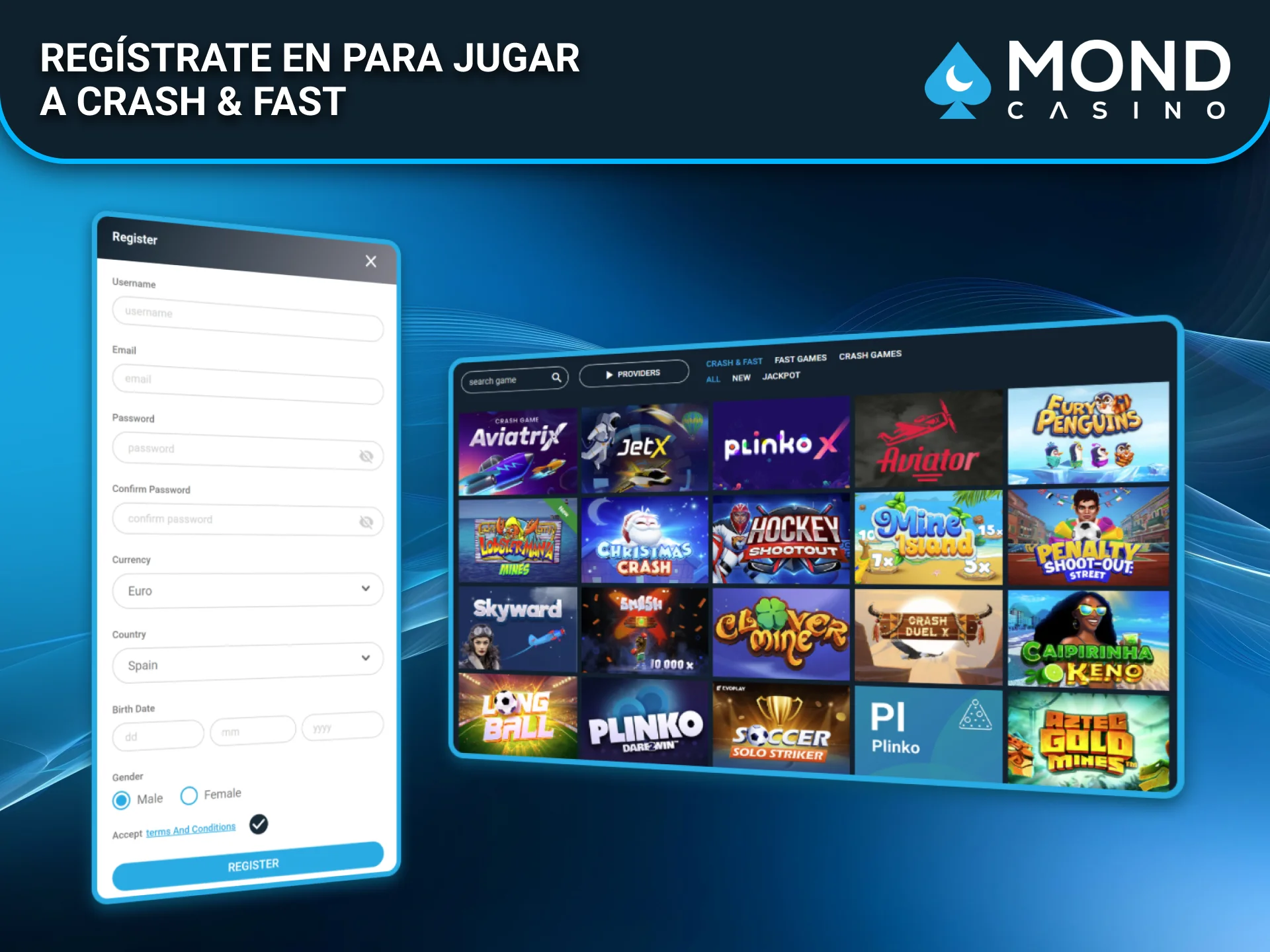 Regístrate en Mond Casino y juega Crash y Fast desde España.