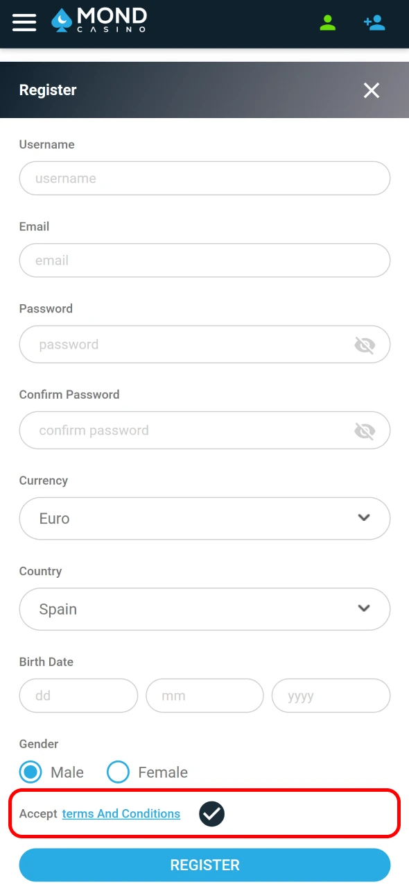 Jugadores en España deben aceptar los T&C en Mond Casino.