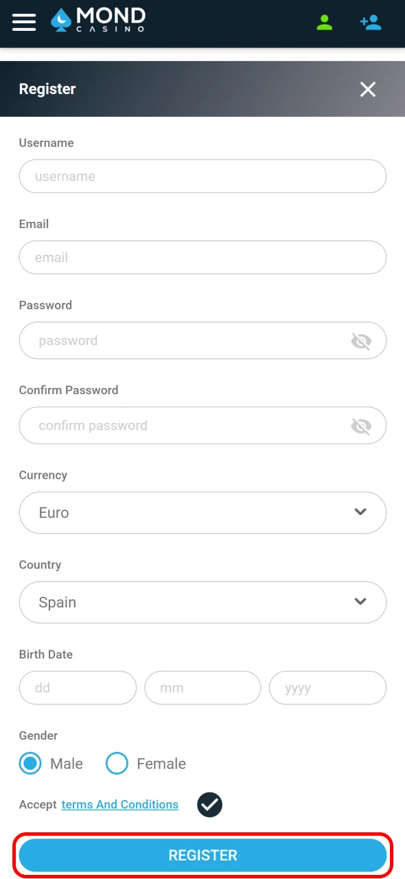 Finaliza tu registro fácilmente en Mond Casino.