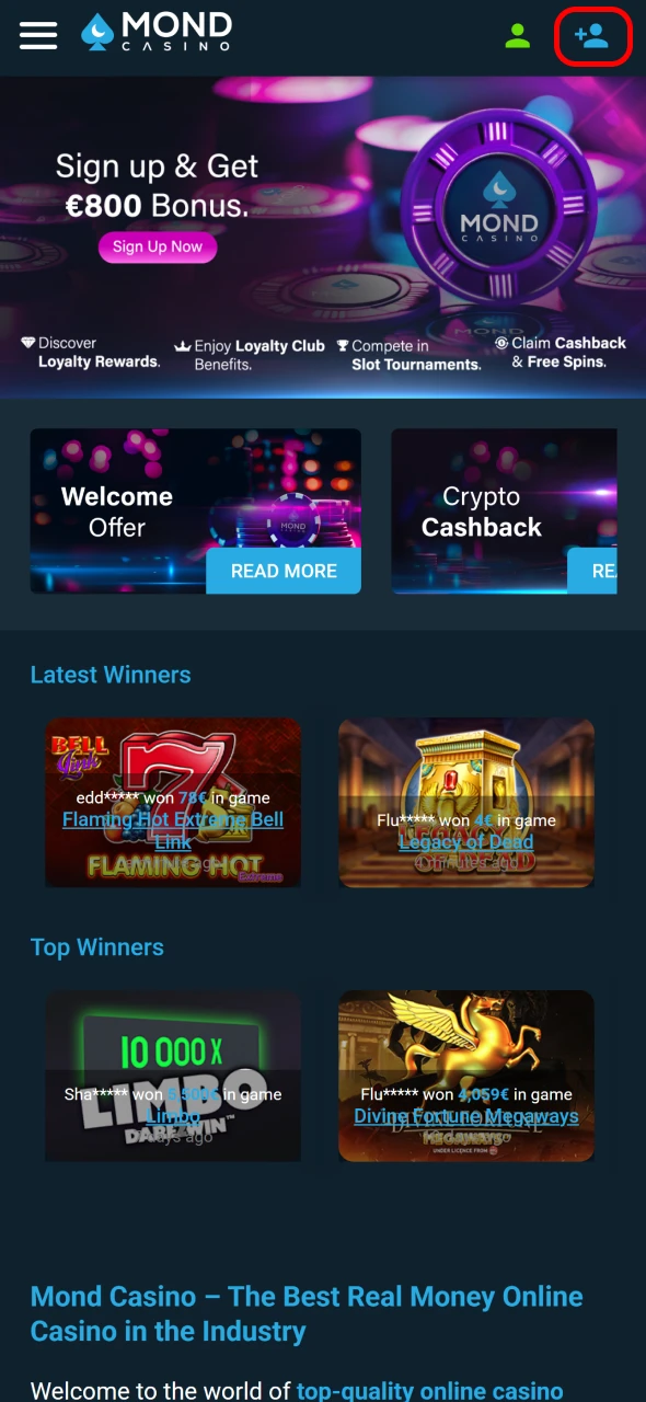 Haz clic para iniciar el registro en Mond Casino.