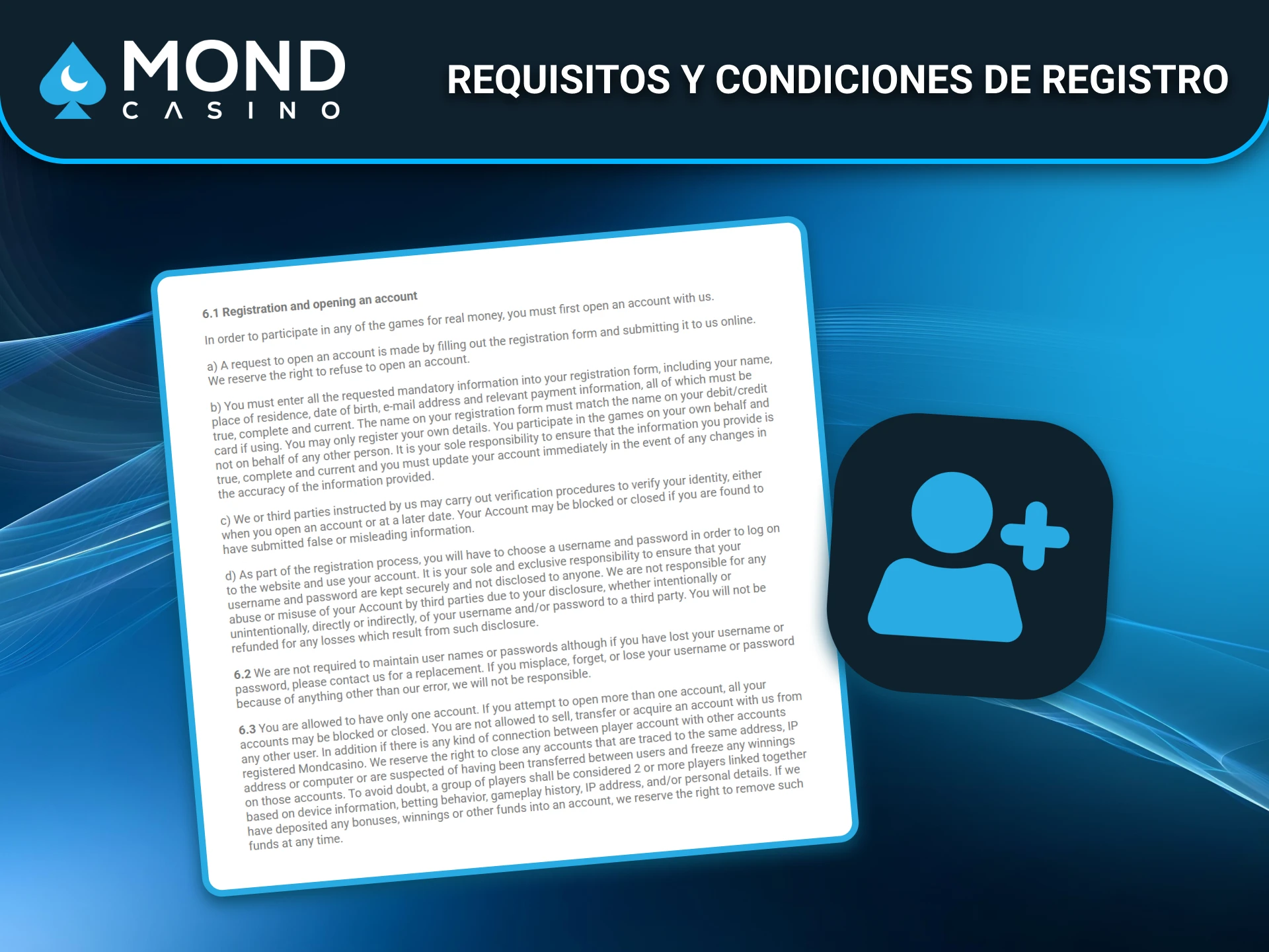 Condiciones de registro claras para jugadores españoles en Mond Casino.