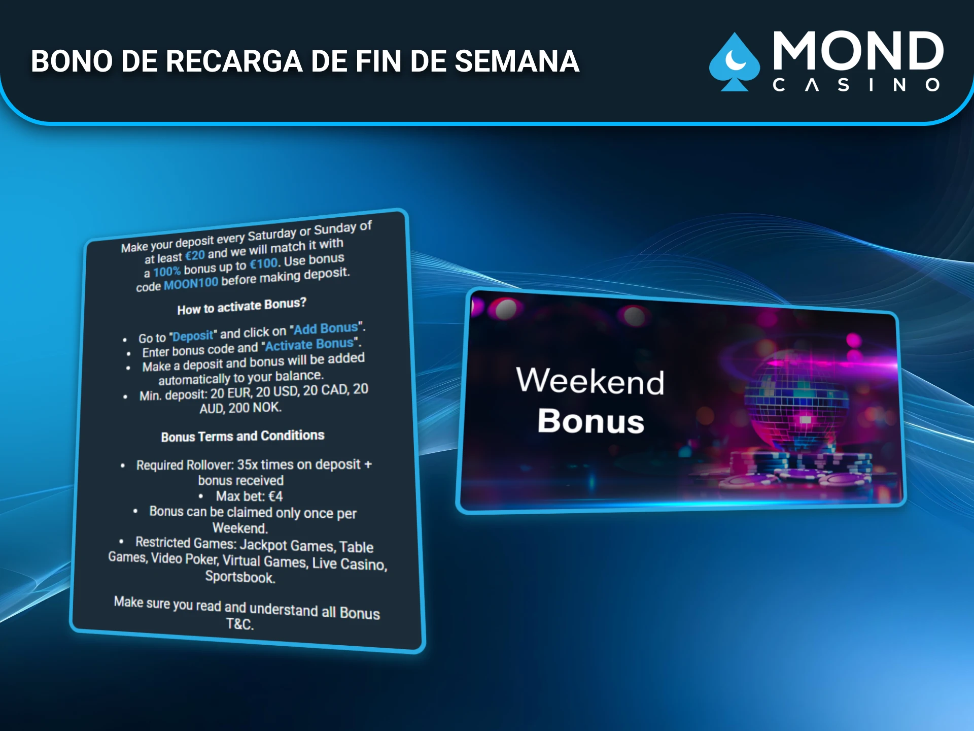 Aprovecha el bono de recarga del fin de semana en Mond Casino España.