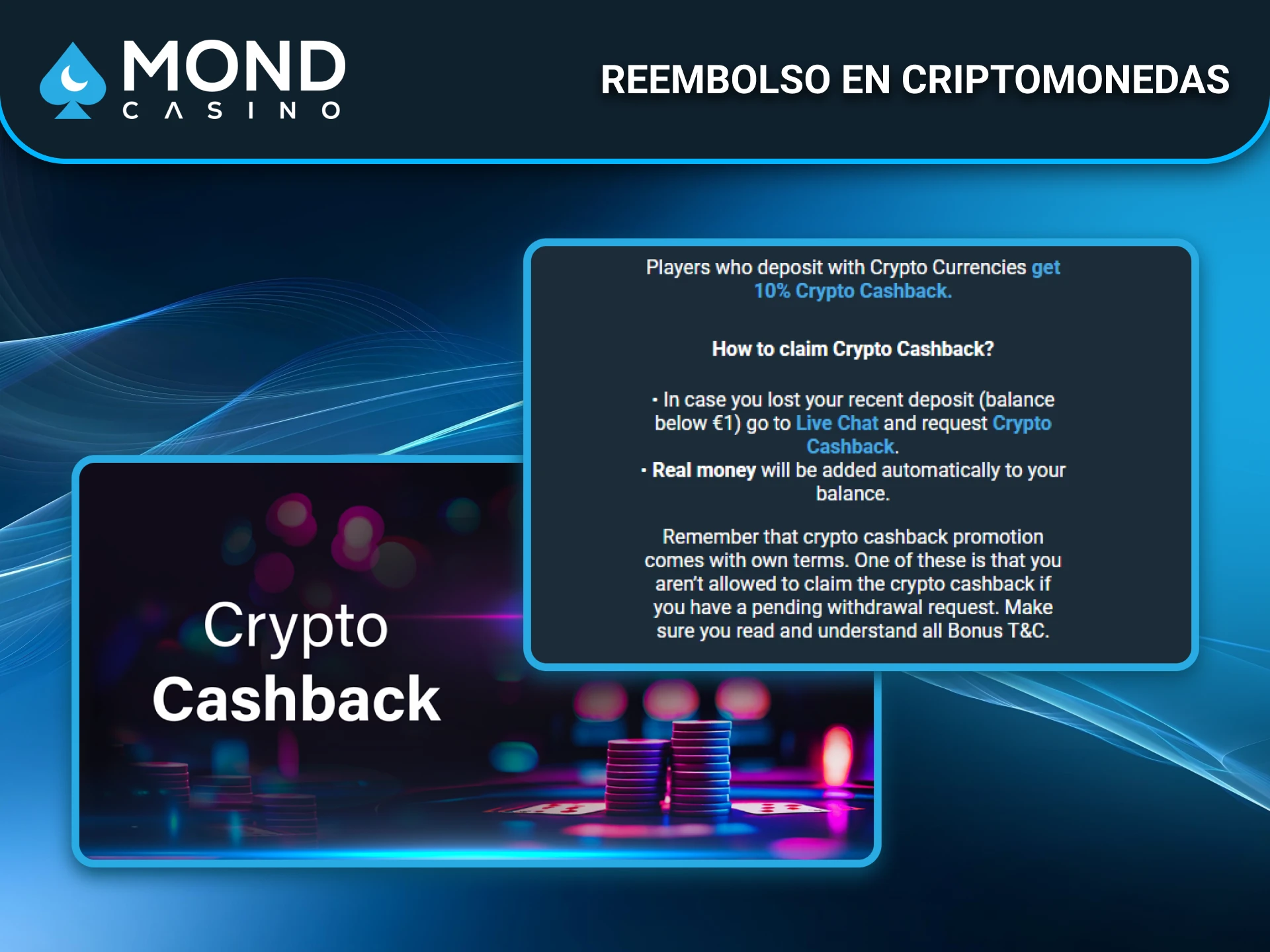 Mond Casino en España ofrece reembolsos en criptomonedas.