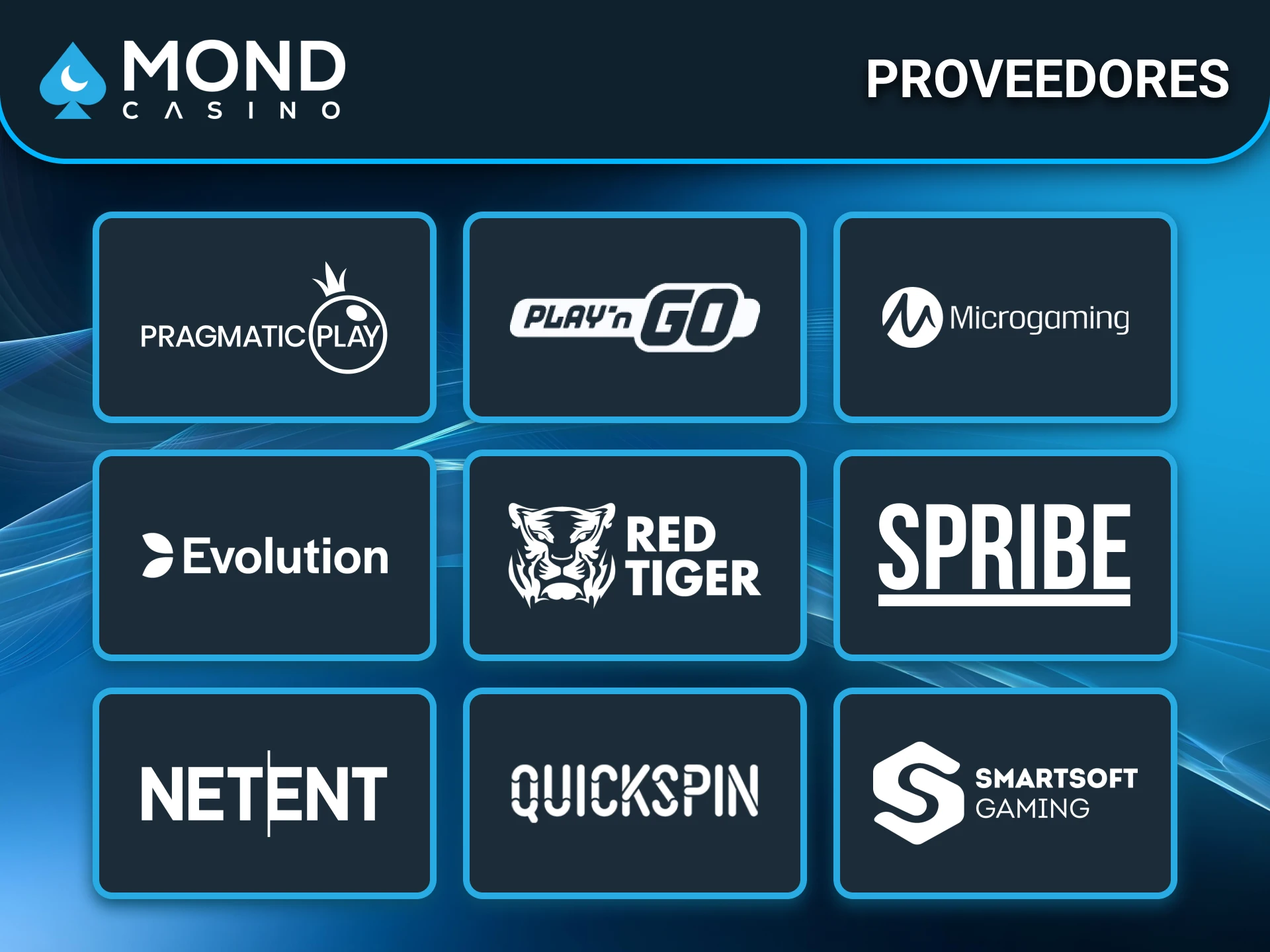 Consulta los proveedores disponibles en Mond Casino.